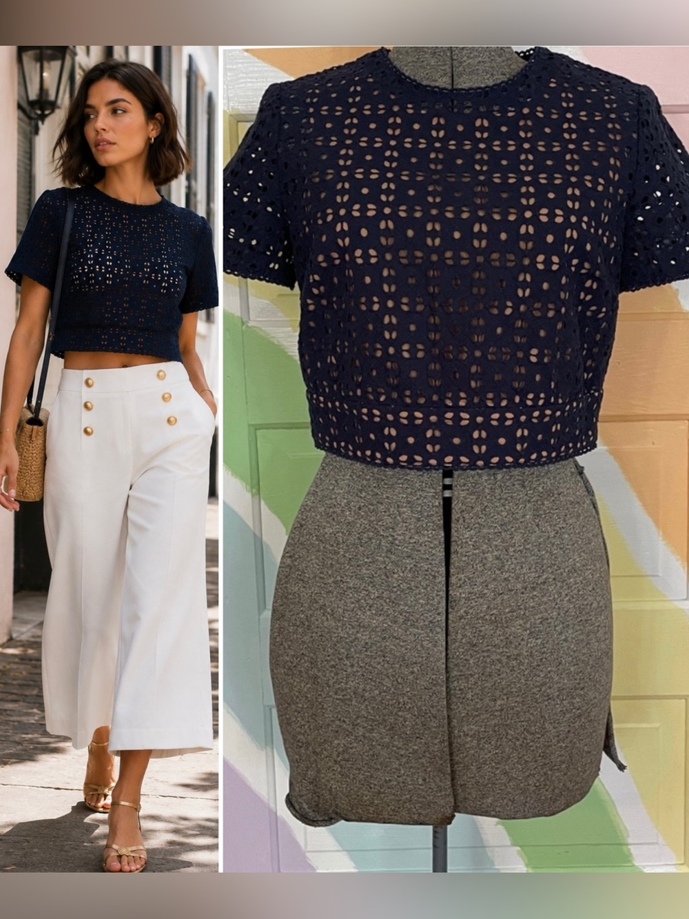 Michael Kors Navy Lined Eyelet Lace Cropped Structured Top Blouse Sz 2 💛🎀